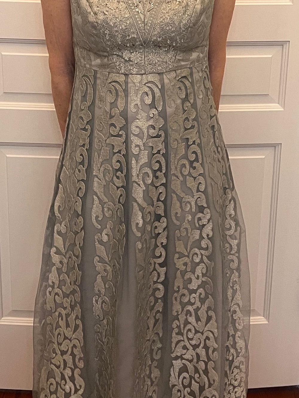 Kay Unger Silver Lace-Overlay Evening Gown - Picture 3 of 15
